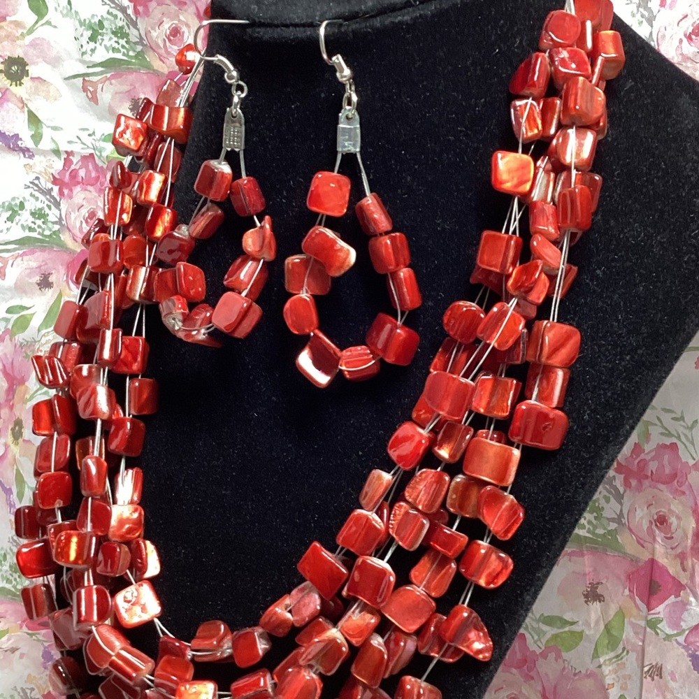 Beautiful Various strings red coral necklace and earrings